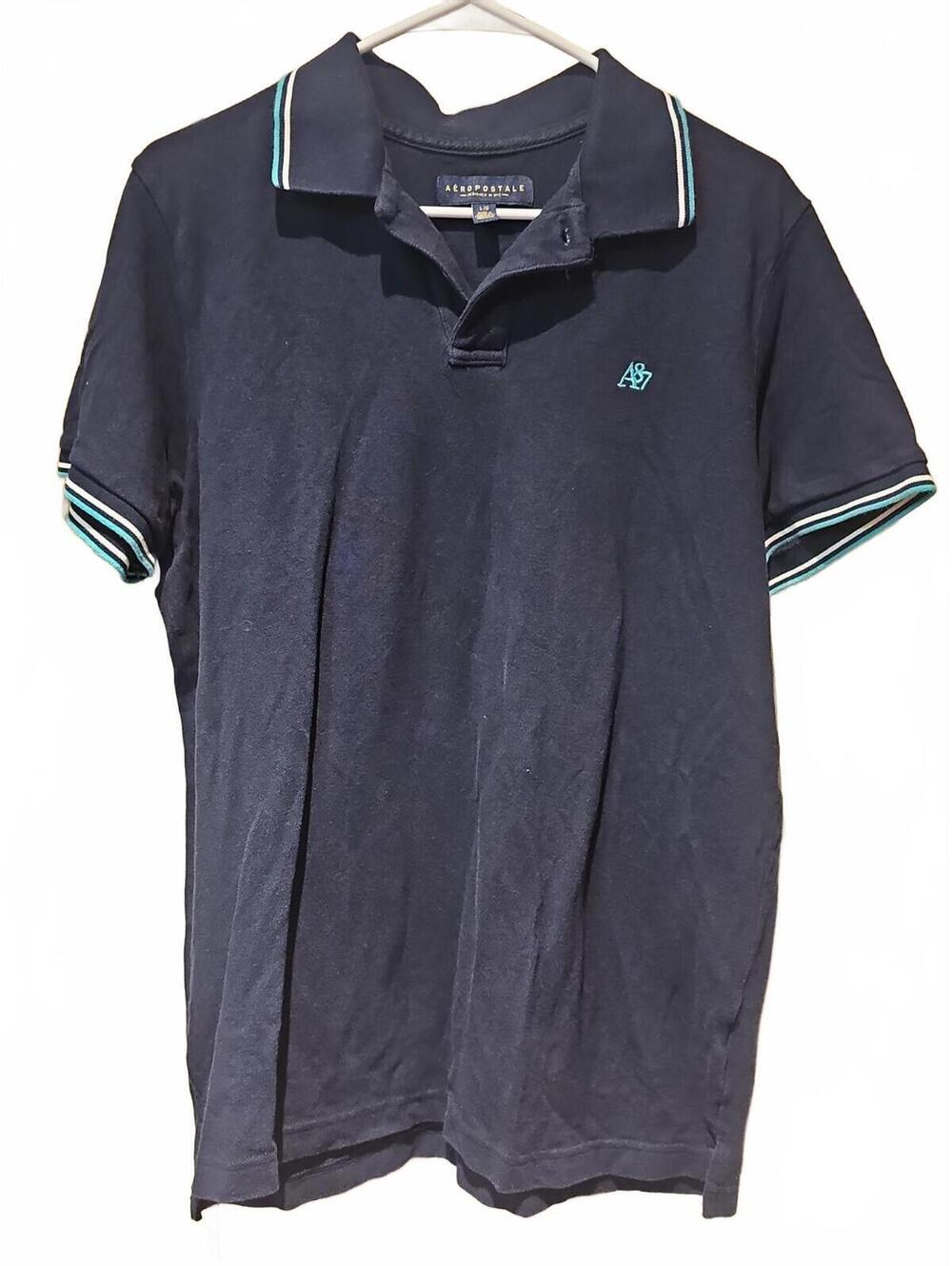 Aeropostale Men's A87 Logo Polo Shirt L Navy With Teal Accents Short Sleeve